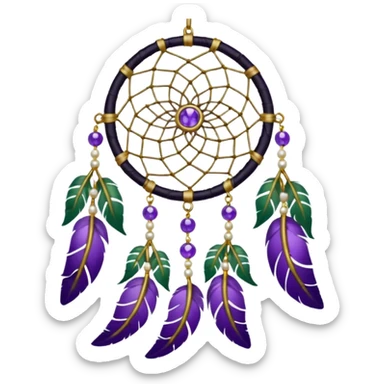 Black dreamcatcher with amethyst crystals, gold pearls, and plants, and violet and white feathers, green ivies  sticker
