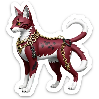Epic complex knightly divine glorious futuristic detailed dark dusky gloomy deep gothic sanguine-blood-maroon-black-white, realistic Fakémon-Sprigatito-Floragato-Meowscarada-Trico-Sergal-Serval-Vernid-creature (full body) with metal gears and metal collar with gold chains sticker