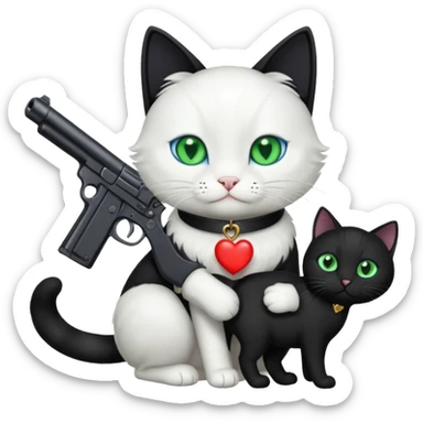 Black cat giving white cat a gun and a heart sticker