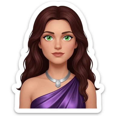 Persephone from Greek Mythology with green eyes, long dark auburn hair, deep purple metallic coal dress, silver necklace sticker