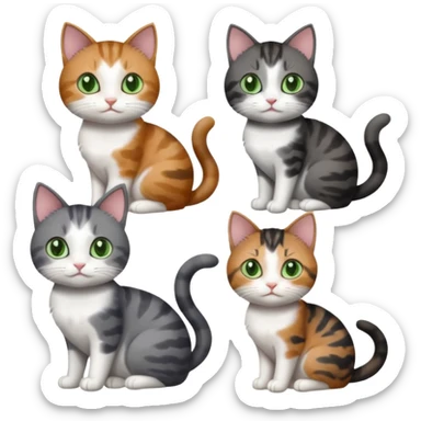 4 different coloured small cats including a dark grey and white, and a patchy calico, and a brown tabby and white,  and a completely solid dark grey with green eyes and only white paws sticker
