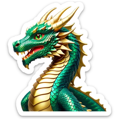 Cinematic Noble Dragon Portrait Emoji, Poised and majestic, with a sinuous, elongated body covered in intricately detailed, shimmering scales in hues of emerald and gold, and piercing, fiery eyes that reflect ancient wisdom; rendered with lifelike texture and natural highlights, high shine, intelligent and formidable, styled with an aura of mythic power, focused and attentive, soft glowing outline, capturing the essence of a legendary dragon that appears ready to soar out of the screen with timeless authority! sticker