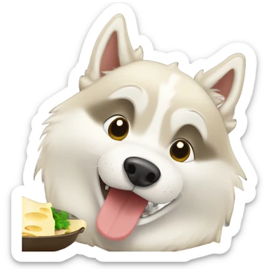 Light beige husky eating a raclette sticker