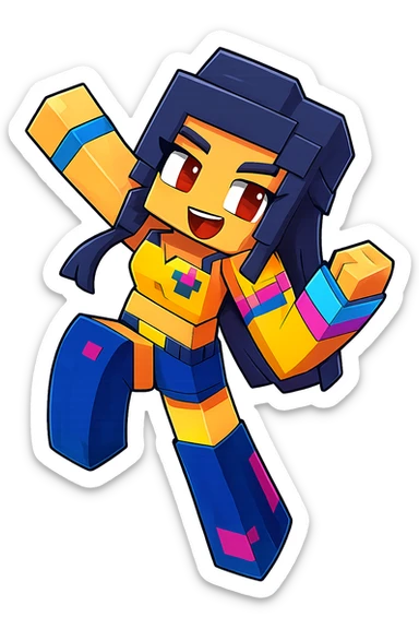 Extract only the middle character with dark hair and yellow and blue outfit from the image, keeping the original Minecraft cartoon style and appearance, with a transparent background. sticker