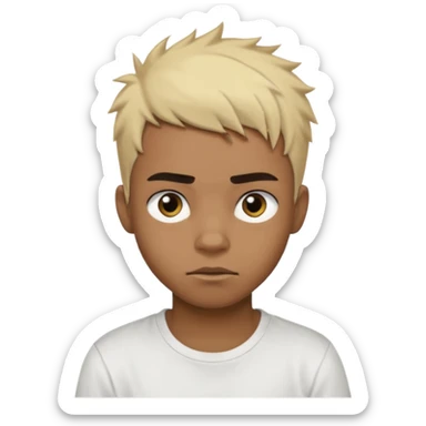 Black Male Teenager with Short punk messy blonde hair, Dark brown bushy eyebrows large expressive golden-brown eyes, wearing a plain white t-shirt, Dark Brown skin color. sticker
