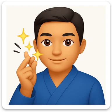 Change the man's jacket to a blue color, keep the dynamic finger snap motion and emoji style sticker