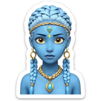 Create an icon of a Na’vi-inspired female character with glowing blue skin, braided hair, tribal forehead markings, large expressive eyes, gold earrings, and a rope necklace with a golden pendant. The expression should be calm and serious, matching the style of the movie Avatar sticker