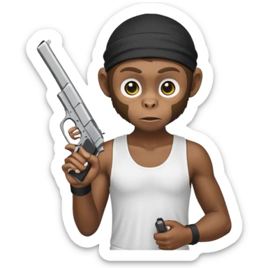 Monkey wearing a black dorag and a white tank top holding a Glock postol sticker