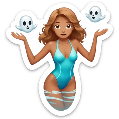 Glamorous wizard woman in a swimsuit, floating in a magical pool with a playful ghost. sticker