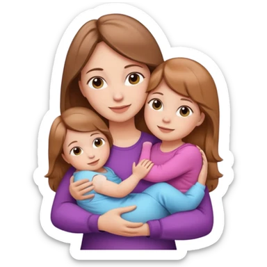 mother with light brown hair hugging two daughters, one 6 months old baby girl and one 5 years old girl, emoji style, simple shapes, bright colors, friendly expression sticker