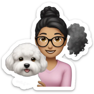 woman-black hair-bun-with glasses-with bichon dog-white-smile sticker