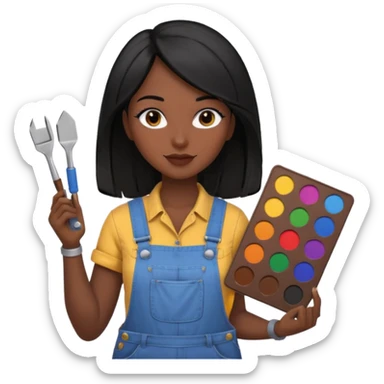 Créame emoji de una mujer que sea diseñadora industrial, pelo negra, piel morena, femenina con overol y una paleta de colores o herramientas de taller piel oscura chocolate cabello largo  sticker