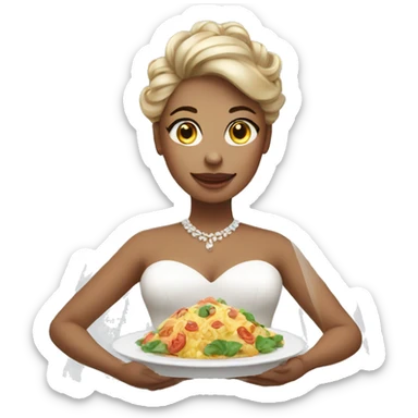 a woman on wedding dress holding a plate of food sticker
