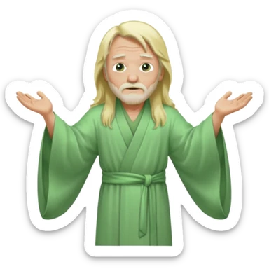 an old man, green eyes, long blonde hair, light green wide, flowing outer robe. opening arms, gazing thoughtfully. Soft light, subtle fern. Waist-up, profile. sticker