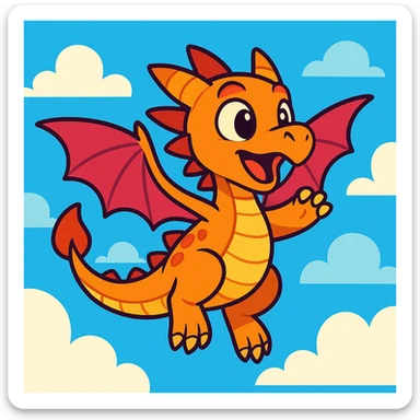 young dragon learning to fly, colorful cartoon style sticker