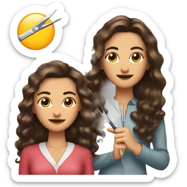woman with long dark wavy hair holding tweezers and styling her friend eyebrows with scissors  sticker