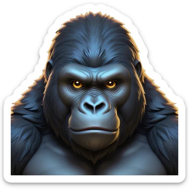 Cinematic Noble Gorilla Portrait Emoji, Poised and commanding, with a massive, muscular build cloaked in dense, rich fur and deep, soulful eyes, Simplified yet sharp and sophisticated features, highly detailed, glowing with a soft, dignified jungle glow, high shine, intelligent and formidable, stylized with an air of primate majesty, focused and authoritative, soft glowing outline, capturing the essence of a watchful guardian that feels as though it could step out of the screen with effortless authority! sticker