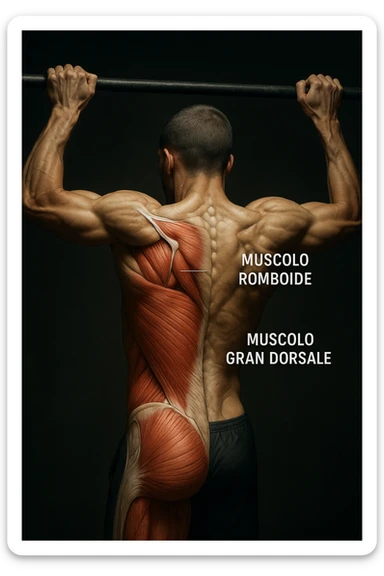 realistic and cinematic anatomical image of a man performing pull-up on a bar, scapular and dorsal muscles incorrectly activated anatomically highlighted, Italian captions, dramatic clinical lighting, aspect ratio 2:3 sticker
