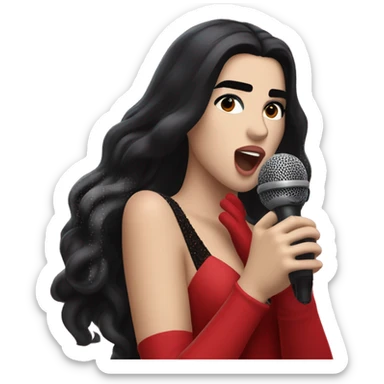 Dua Lipa with long dark hair and red gown and red gloves, singing with an old microphone sticker