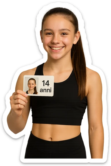 donna fitness di 14 anni, con in mano un documento di identità con la sua foto e la scritta 14 anni sticker