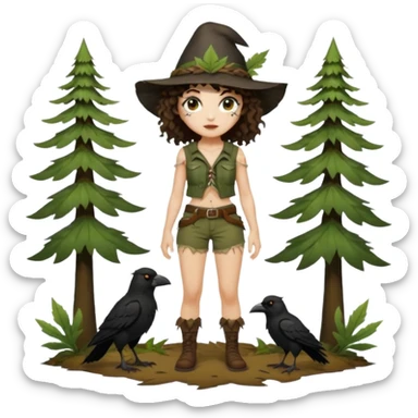 full body woman short curly brown mullet hair brown eyes white skin sexy forest rogue with torn leaf shorts and crow hat sticker