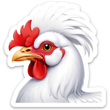 Cinematic Cute White Rooster Portrait Emoji, Head tilted playfully and inquisitively, featuring a glossy, immaculate white plumage with a vibrant red comb, round, sparkling eyes filled with curiosity, Simplified yet irresistibly adorable features, highly detailed, glowing with a warm, friendly glow, high shine, affectionate and spirited, stylized with a touch of farmyard whimsy, bright and endearing, soft glowing outline, capturing the essence of a mischievous yet loving rooster, so playful it feels like it could strut out of the screen and into your arms! sticker