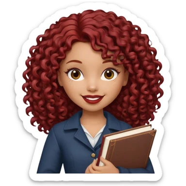generate a pretty bratz girl curly dark red hair, brown lipstick on, smiling. Book in hand sticker