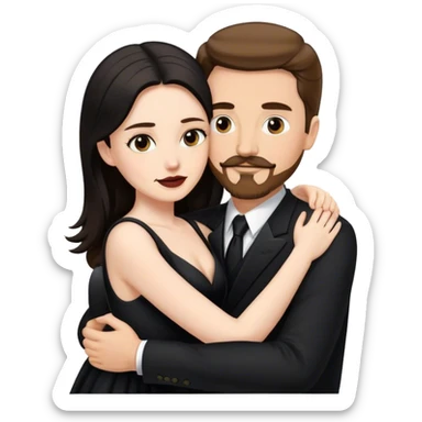 tall white man with brown hair goatee mustache hugging a pale woman with long black hair, wearing black formal clothing sticker