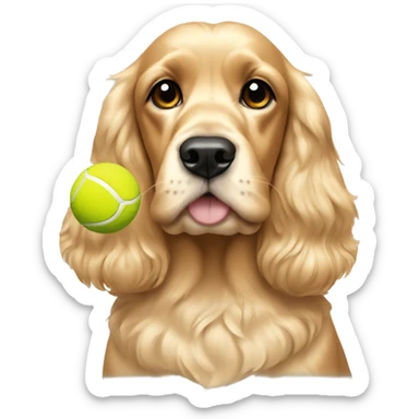 A golden cocker spaniel with a tennis ball and a light blonde patch on her head sticker