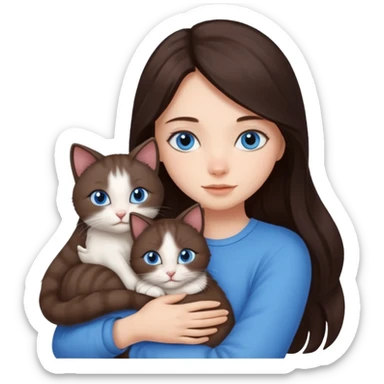 a pretty girl with long dark 
brown hair, with blue eyes, hugs 3 different natural coloured small cats sticker