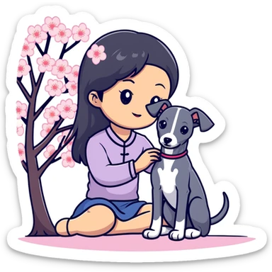 A young Chinese girl with long black hair and a dark grey Italian Greyhound with absolutely no white marks on its body or nose sitting under a cherry blossom tree sticker
