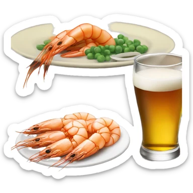 a glass of beer next to a plate of shrimp sticker