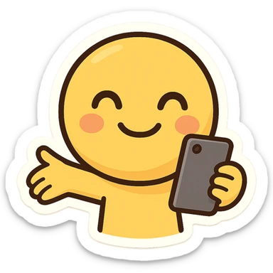 hugging face logo character, yellow face, smiling, open arms, holding a smartphone, simple background, chibi style, inspired by the original logo sticker