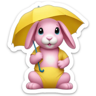 Pink rabbit wearing yellow tee shirt and blue umbrella sticker