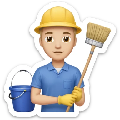 ligth man in cleaning clothes, holding a broom and a bucket sticker
