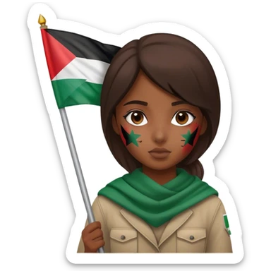 A girl holding a Palestine flag with dust on her face sticker