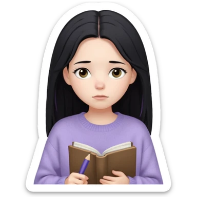 Maret – Cewe Overthinker/SENSITIF Kulit putih pucat lembut, rambut hitam panjang lurus agak messy, belah tengah. Pakai sweater lavender terang oversized. pegang jurnal & pulpen, tatapan kosong mikir. sticker
