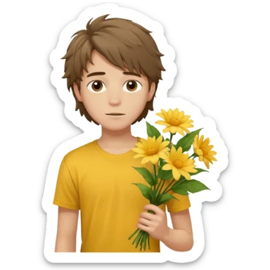 generate an ios genmoji of a 20 year old fair boy with brown long and messy hair with faint upper lip hair - visible (brown). should look like he cant grow a mustache., carrying a flower bouquet, wearing a yellow tshirt, looking shy sticker