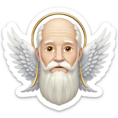 Divine being, elderly man with flowing white hair, long white beard and mustache, large white wings spread behind him, gold hoop earrings dangling from ears sticker