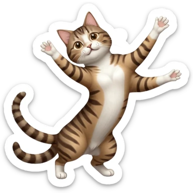 dark brown tabby and white cat with doing a big extremely long stretch reaching up into the air with arms and legs side by side together straight and overextended whilst lying on its side sticker