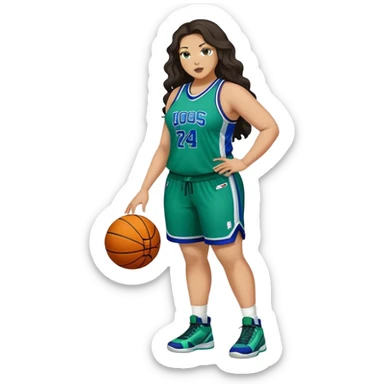 Full Body light skin Latino plus size full figured women basketball player with long wavy dark hair  wearing blue and green uniform sticker