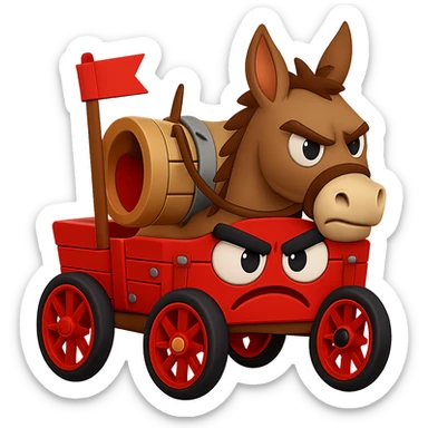 Regenerate the emoji combining the angry cartoon donkey and the angry goofy wagon, with the donkey riding in or pulling the wagon. Keep the silly and playful 'jackwagon' vibe. Transparent background. sticker