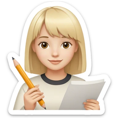 young happy artist with straight blonde hair and bangs, with pencil ad paper sticker