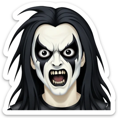 Black metal musician with corpse paint, long hair, screaming sticker