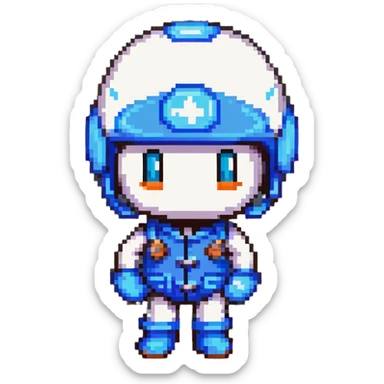 Classic bomberman character, blue and white colors, round helmet with antenna, cute pixel art style sticker