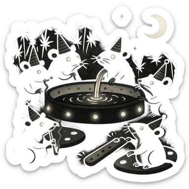 Make the scene night time with a dark sky, glowing pool lights, and moonlight. Keep the black doodle style and cult weed cheese pool party theme. Preserve transparency if present. Render in black doodle style. sticker