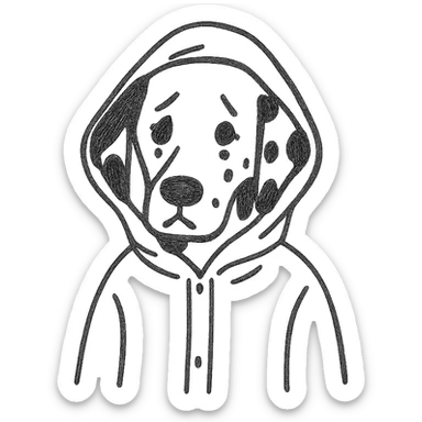 dalmatian in a yellow rain jacket, looking sad, 2D, thick black lines, hand-drawn style sticker