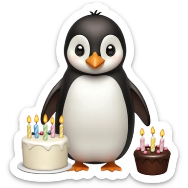 A penguin standing near a cake, feeling shy from a surprise celebration, portrait, bust up sticker