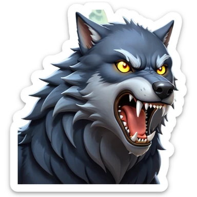 cinematic-noble-fierce-werewolf-howling-portrait-emoji, poised-and-imposing, with a fierce wolfish face tilted upwards in a haunting howl, glowing eyes full of primal ferocity, sharp, elongated fangs bared, and a rugged snout, fur rippling in shades of midnight black and silver, muscles tensed as the powerful howl echoes beneath the moonlit sky; rendered with realism, capturing the raw, untamed power of the beast in its wild, primal state sticker