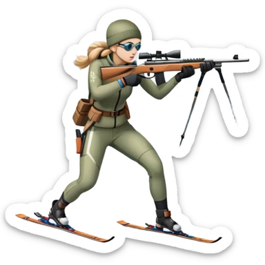 An icon showing a snowy landscape with pine trees, mountains, and a clear sky with a biathlete aiming a rifle in the foreground, wearing winter gear and skis. Transparent background emphasizes the precision, endurance, and beauty of this winter sport. sticker